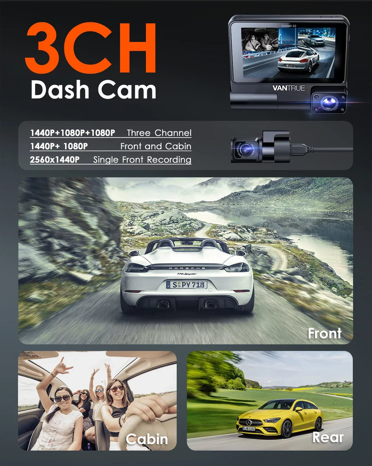 Nearly Interior Front+1080P IPS Dash 30FPS built 2K Angle, 24h Wide Rear Camera Monitor, Channel inch Touchable S2 Car 360° with WiFi in, Parking 3 Supercapacitor Screen 3 +1080P Cam, Vantrue GPS