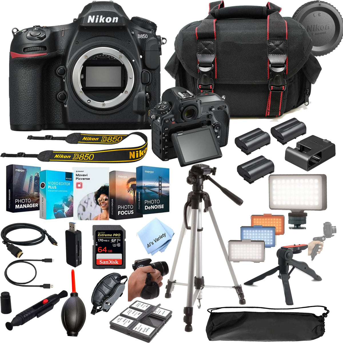 Video Always Body Bundle Speed Card, Case, MP Extreme 64GB D850 No and 30pc Nikon DSLR More Camera LED 45.7 on Tripod,Gripod, Lens- Light,