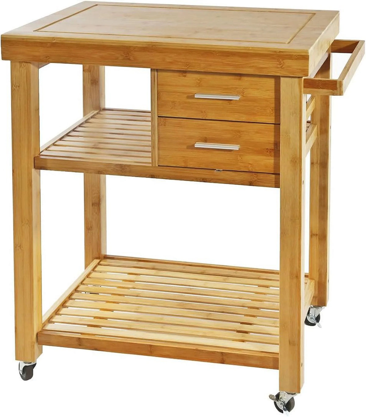 Cart Rolling Prepping Trolley Island With On Kitchen Rack, Butcher Block Food Casters, Wheels, Locking Towel Wood Cart Bamboo Drawers Shelves,