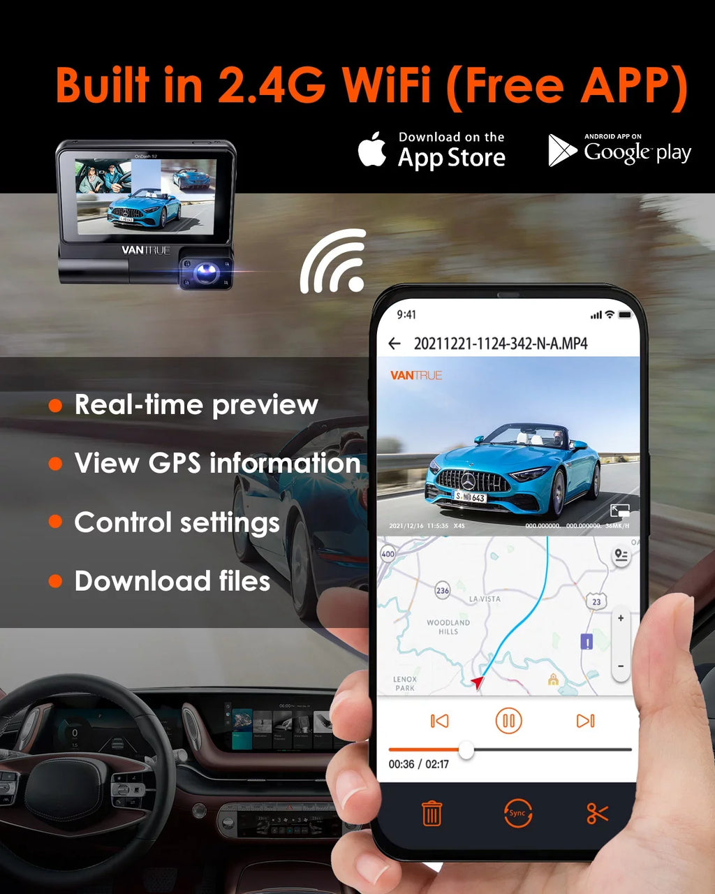 Nearly Interior Front+1080P IPS Dash 30FPS built 2K Angle, 24h Wide Rear Camera Monitor, Channel inch Touchable S2 Car 360° with WiFi in, Parking 3 Supercapacitor Screen 3 +1080P Cam, Vantrue GPS