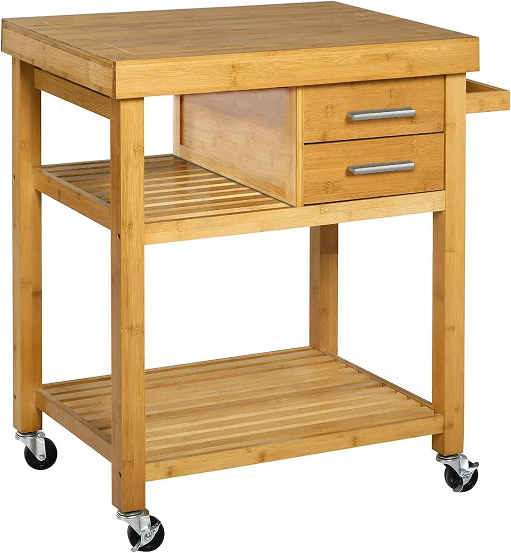 Cart Rolling Prepping Trolley Island With On Kitchen Rack, Butcher Block Food Casters, Wheels, Locking Towel Wood Cart Bamboo Drawers Shelves,