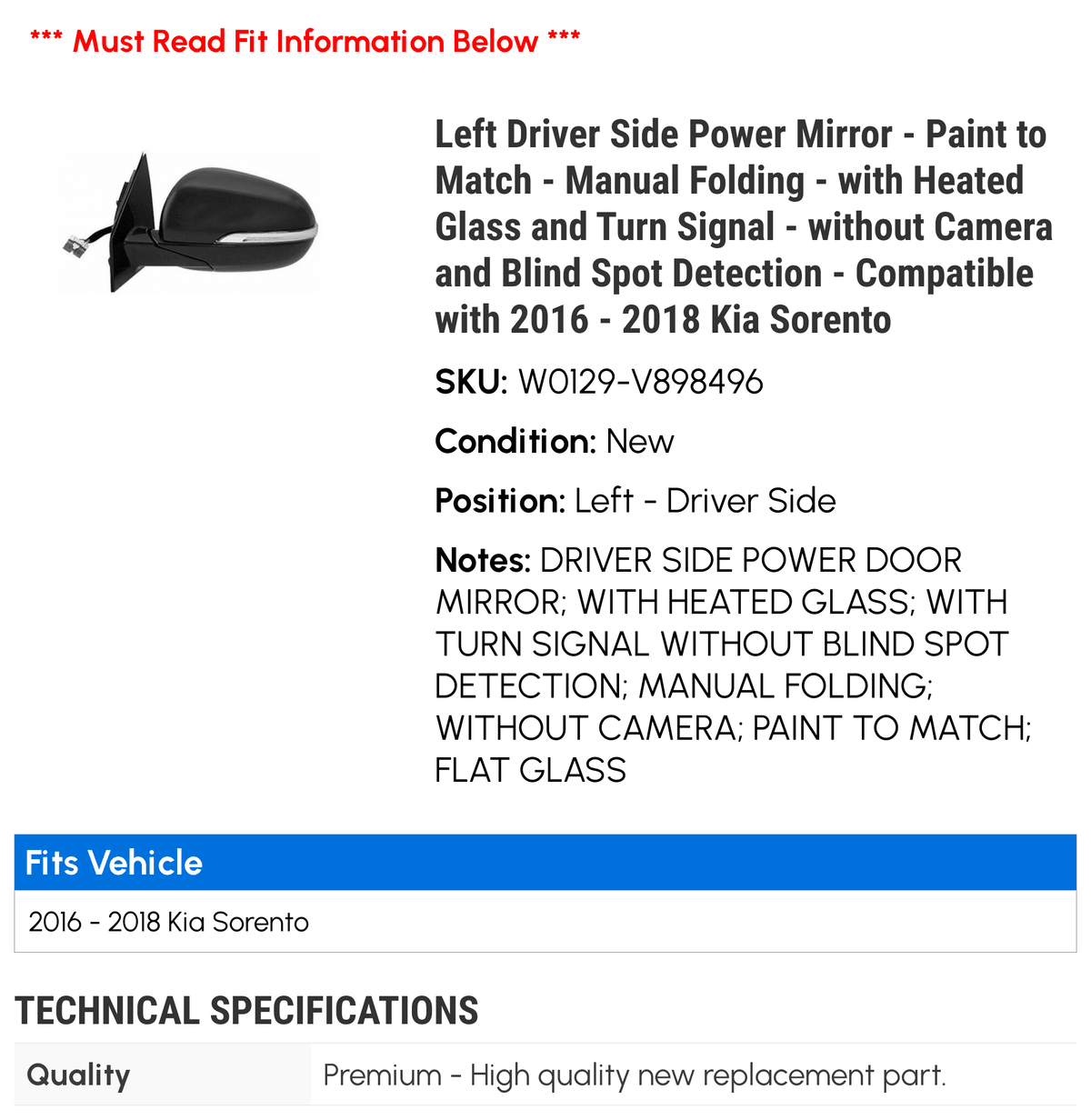 Kia - Camera - Side 2018 Heated Match - and Left Glass - - with Signal Power Driver Folding and with - Spot 2016 Manual Blind Turn to Detection Compatible Mirror Sorento 2017 without Paint