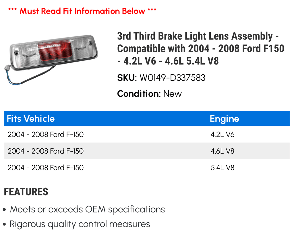 2008 F150 V8 2007 Brake - 4.6L 4.2L with Assembly Third Lens 3rd V6 - - Compatible 2005 2006 - 5.4L Light 2004