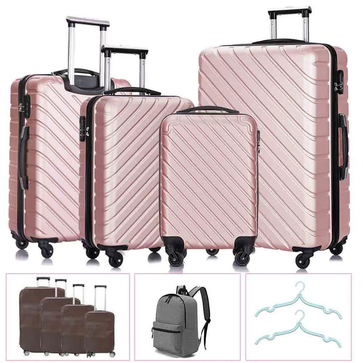 4 Luggage Luggage Piece gold rose Cover&Hanger Spinner Hardshell with On Suitcase,Carry Free Wheels Sets,Travel Inside