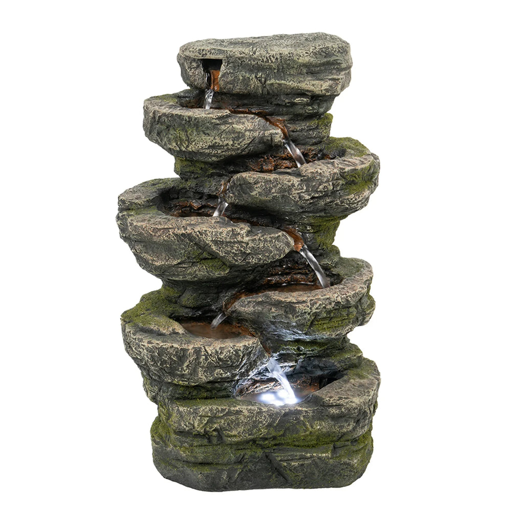 Fountain Tabletop Rock Gray Stone-Look Indoor 7-tier Fountain, 9x5x14" Light liquid LED with Polyresin Cascading
