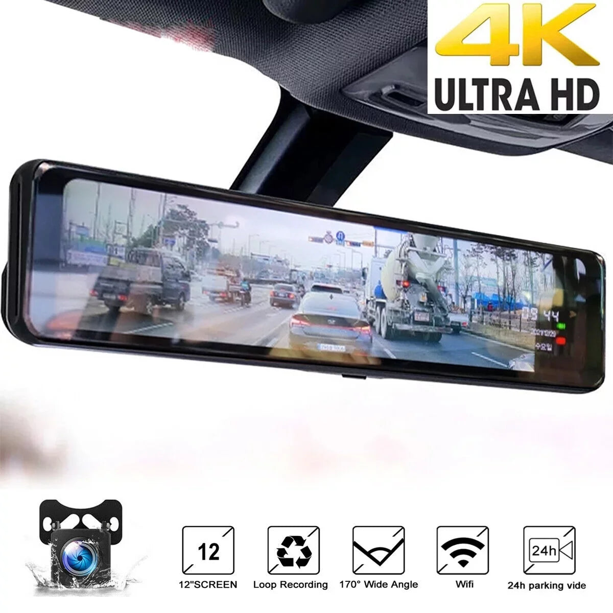 Monitoring, Vision, Parking Dash Rear Car Camera 4K and 12" Mirror Camera Front Dual Cam Reversing Night Backup Assistance Super Ele-mall