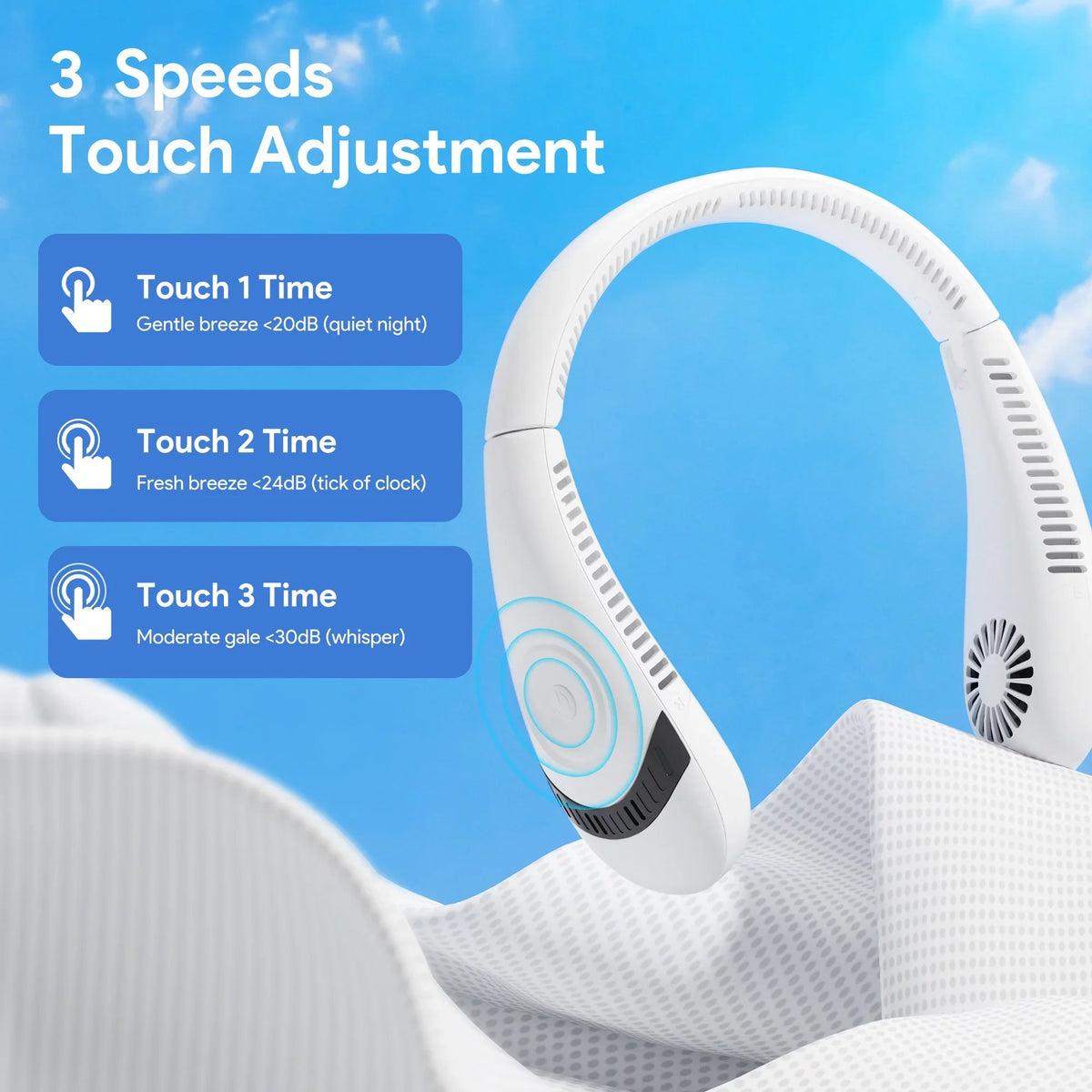 LCD White Summer Display, Neck Rechargeable Neck Folding Fanwtith Fans, Fan Bladeless USB 3 Speeds Cooling 5000mAh 360°Airflow Mini Portable