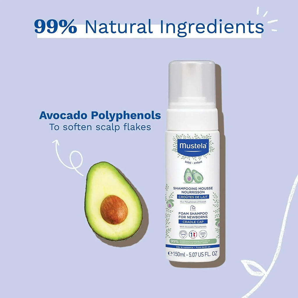 Natural - Cradle with Foam Shampoo Avocado Tear-Free Fragrance-Free - Mustela Newborn oz. Baby 5.07 - fl. for Shampoo & Cap