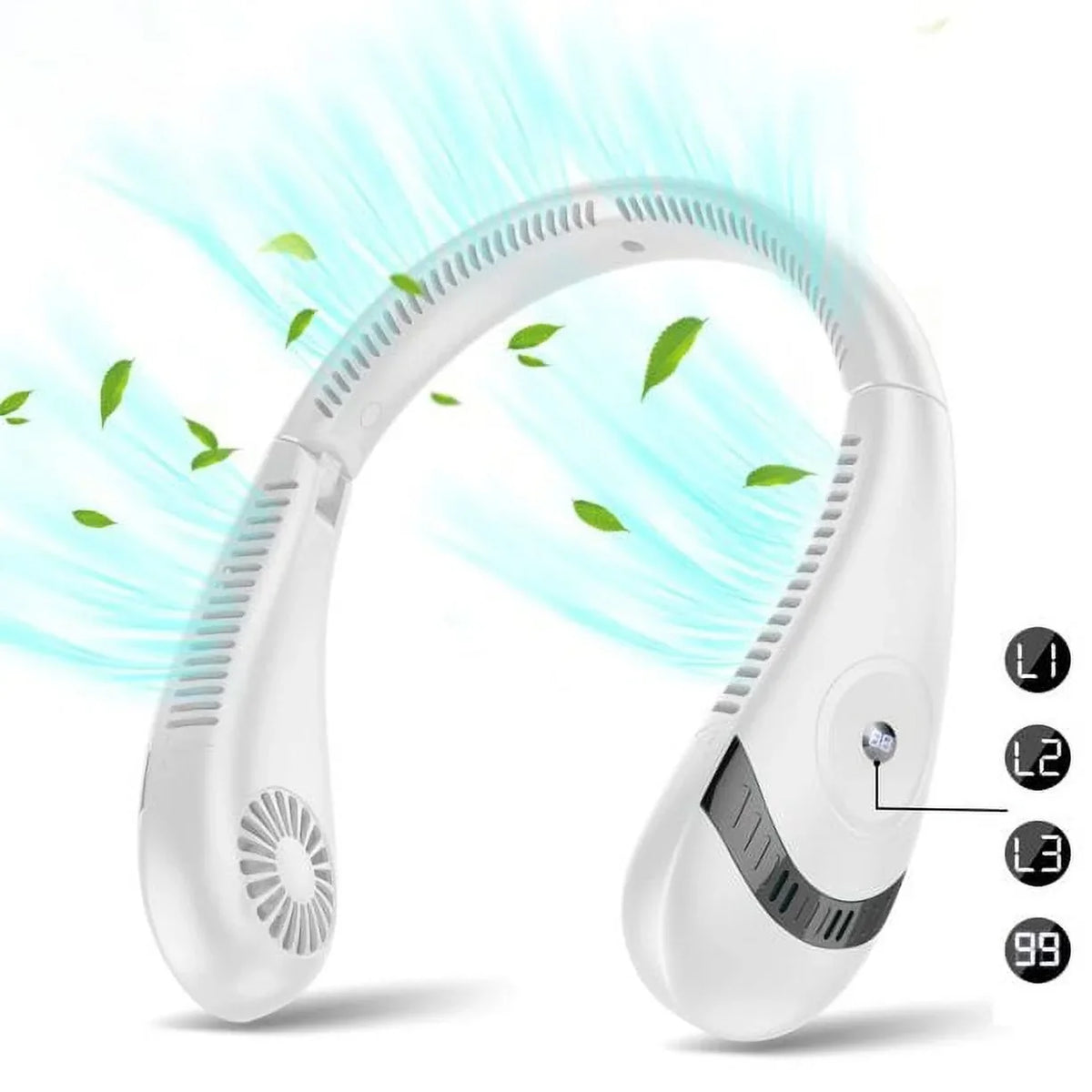 LCD White Summer Display, Neck Rechargeable Neck Folding Fanwtith Fans, Fan Bladeless USB 3 Speeds Cooling 5000mAh 360°Airflow Mini Portable