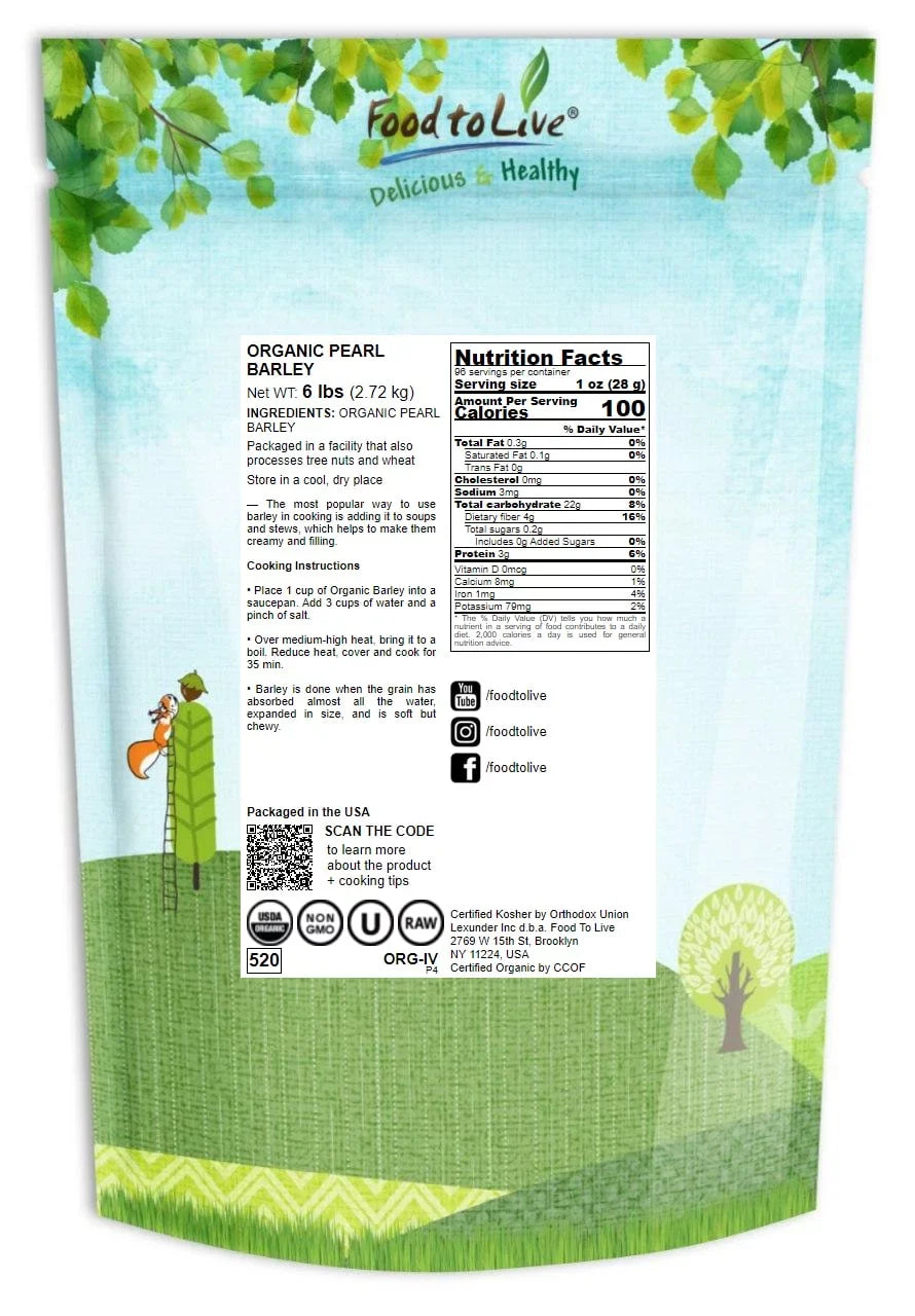 Barley, Pearl Pounds Food Non-GMO, Kosher, to Live Organic by 6 — — Vegan Raw,