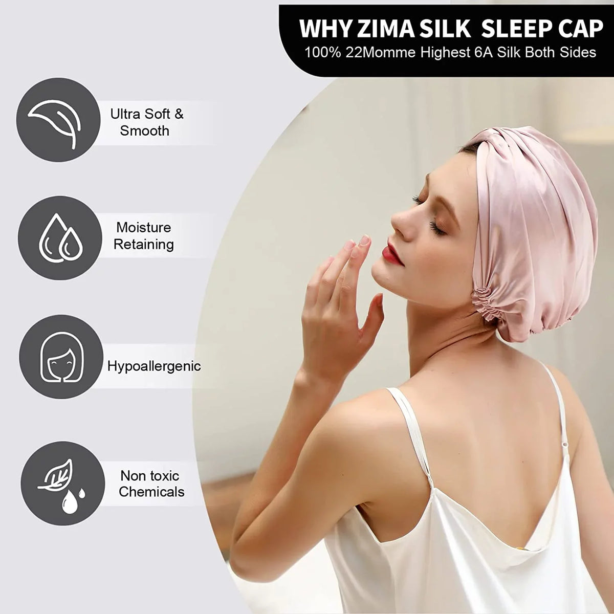 Stay Mulberry Head Cap Caps (1Pc, Silk Elastic 100% with Silk 22 Night on Hair Care, Sleeping Women PINK) Natural for
