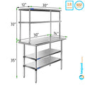 Wide Table x Prep 14" With | Tier Two 12" & Work Overshelf Kitchen | Shelves Metal Double Shelving Combo Table Stainless 30" Steel