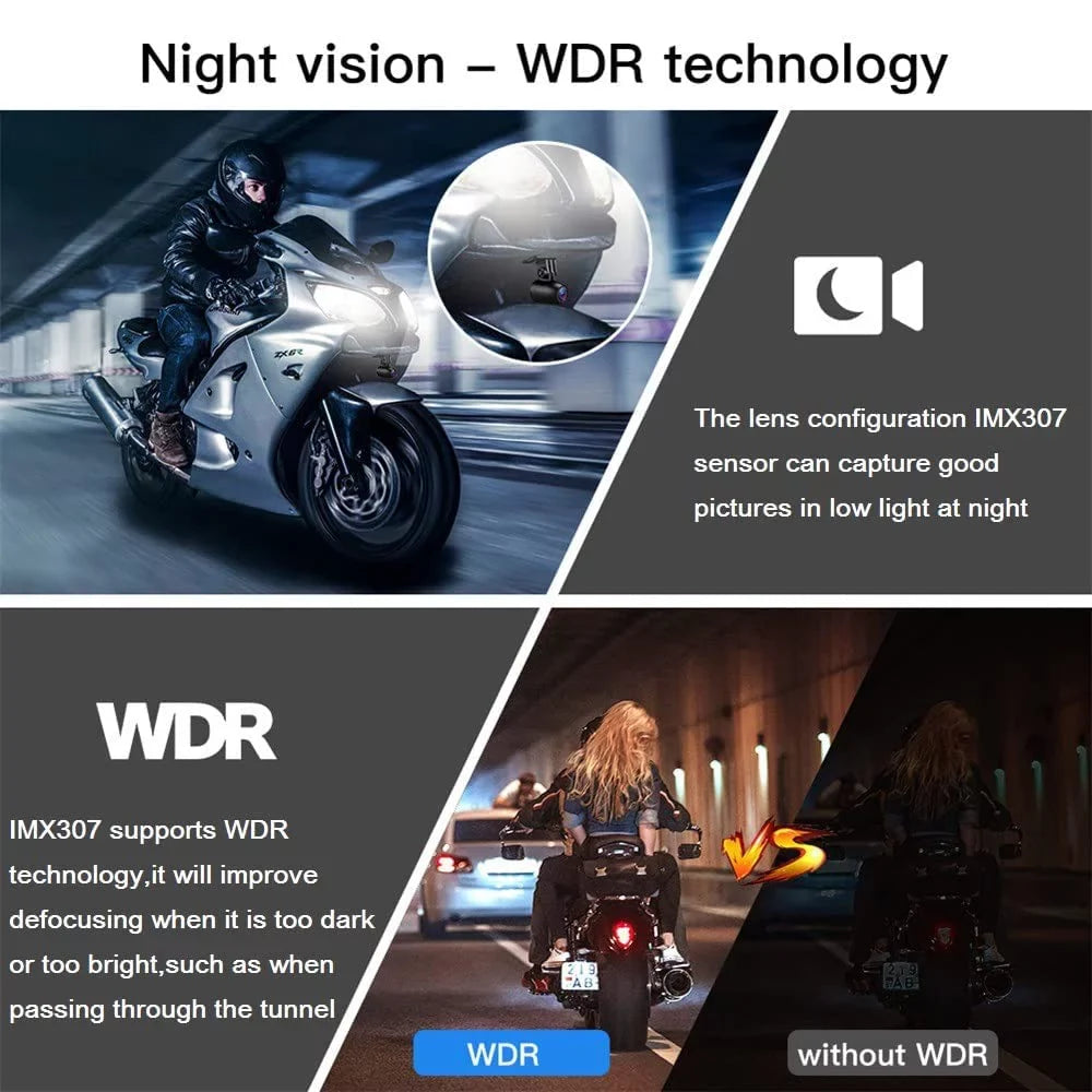 Waterproof Dash Full HD WDR, Rear 2 and Loop Camera, Vision, Night Screen Body VSYSTO Cam, 150° SonyIMX307 Fish Angle Front 1080P G-sensor Wide Inch Lens Eye Recording, Motorcycle