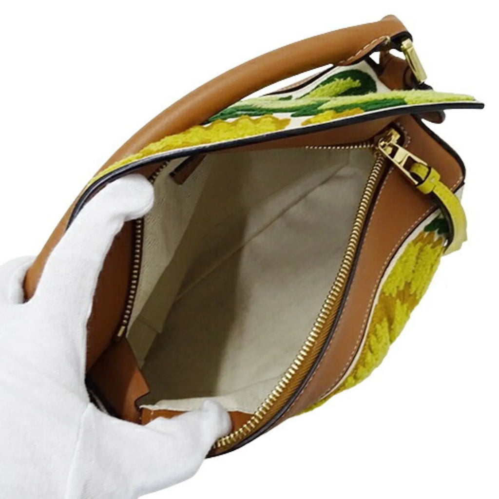 Collaboration (Good) Brand Puzzle LOEWE Handbag de Mini Pre-Owned Women's Leather Shoulder William Embroidery 2way Compact Morgan Floral Small Brown Bag Yellow