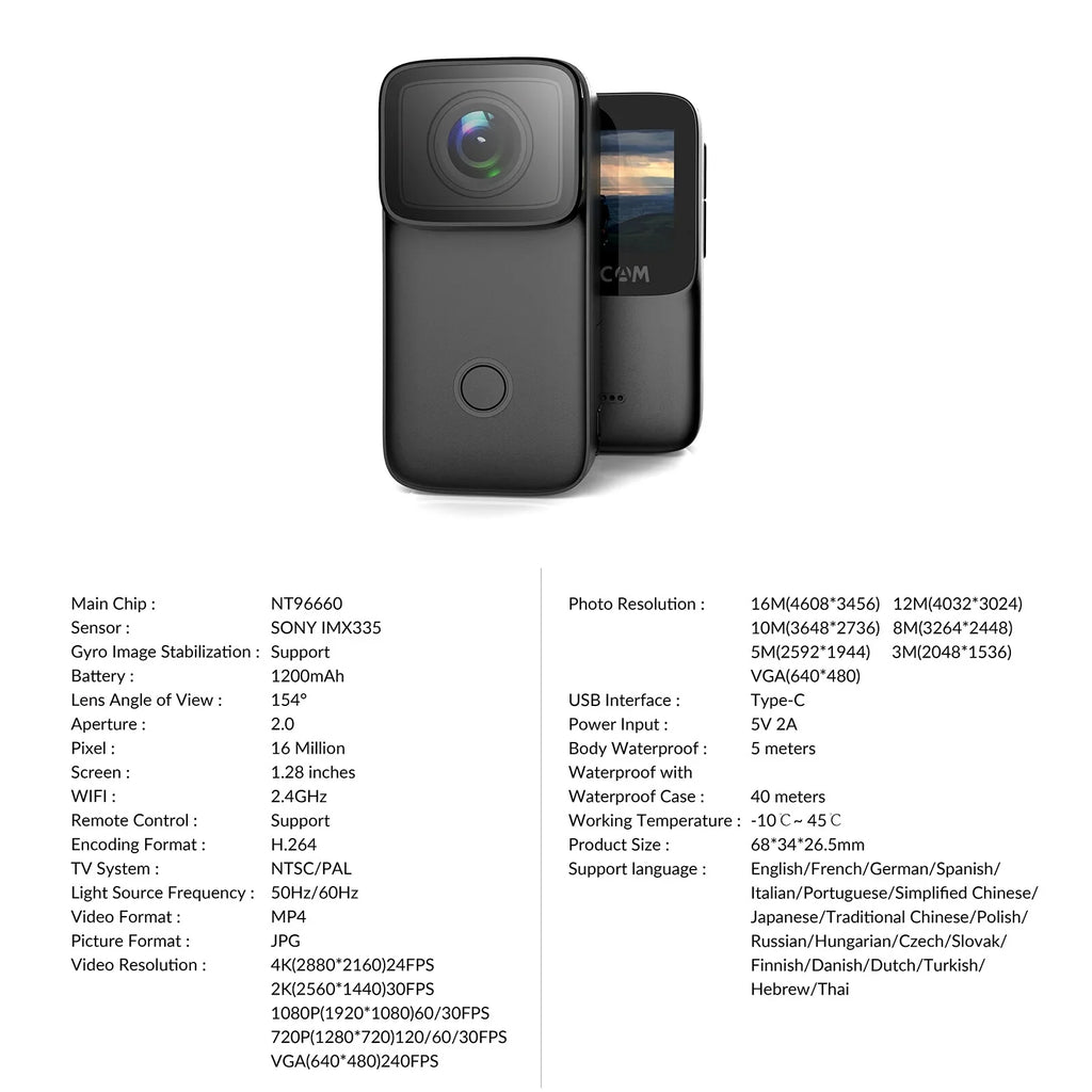 Supports 4K Built-in Face Night Rechargeable Vision Action Body Mini Battery IPS SJCAM Waterproof WiFi Camera Screen 5M 6-Axis with Recognition Inch 1.28 C200 Anti-Shake
