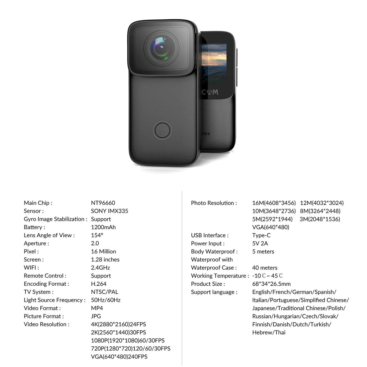 Supports 4K Built-in Face Night Rechargeable Vision Action Body Mini Battery IPS SJCAM Waterproof WiFi Camera Screen 5M 6-Axis with Recognition Inch 1.28 C200 Anti-Shake