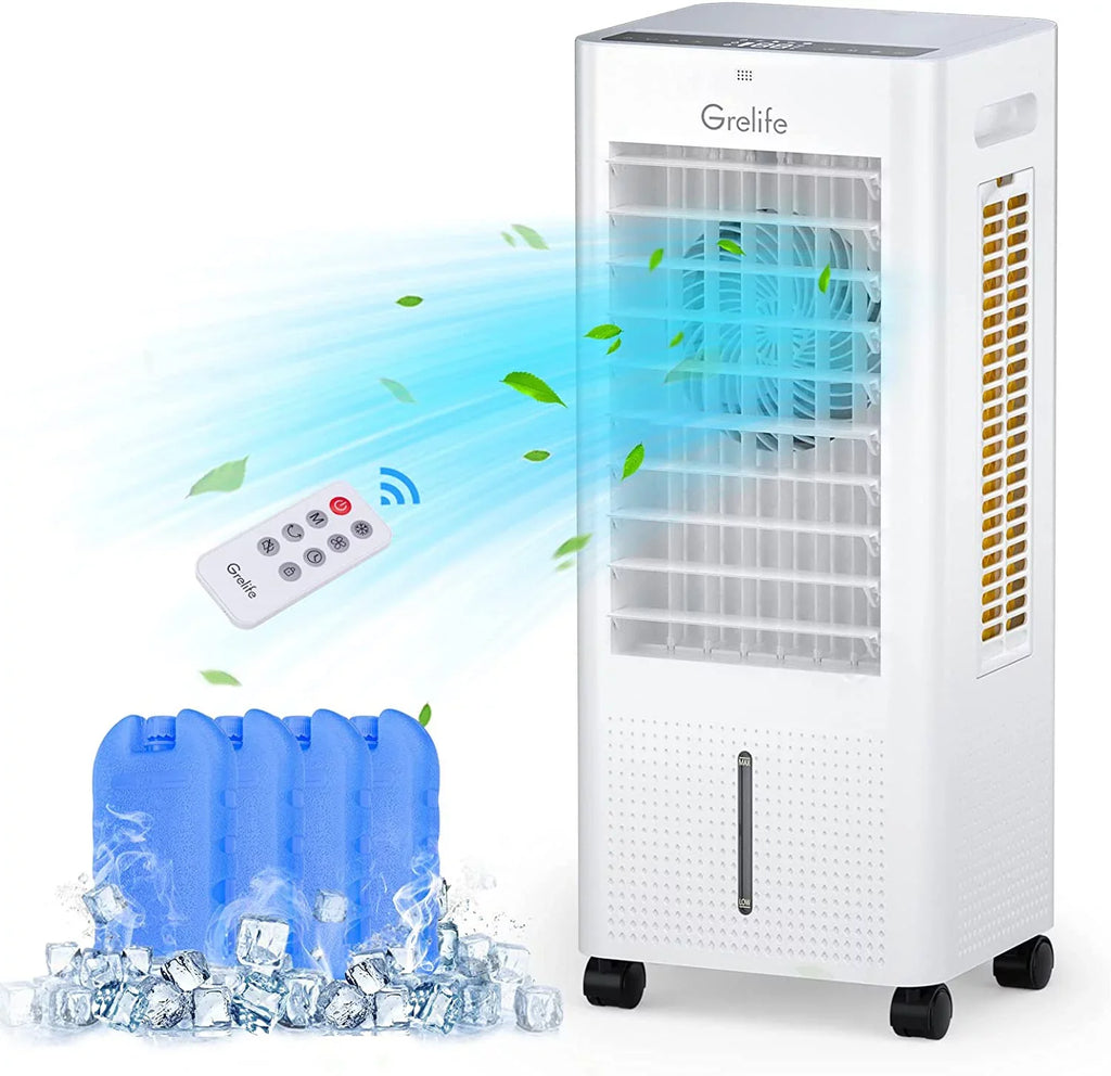 LIANMEI Cooler Portable Cooling liquid Swamp 12H Timer, Control, Cooler, 3 Modes, Speeds, 3 for Air 3-IN-1 Bedroom Air Personal Home 4 Evaporative Packs, Ice Fan with Tank, Office Cooler 1.58Gal Remote