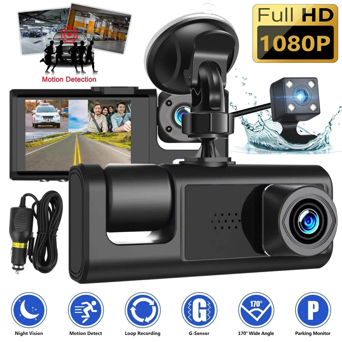 Car Recorder 1080P G-sensor Dash Lens Camera Dual Front/Rear/Inside Video Cam