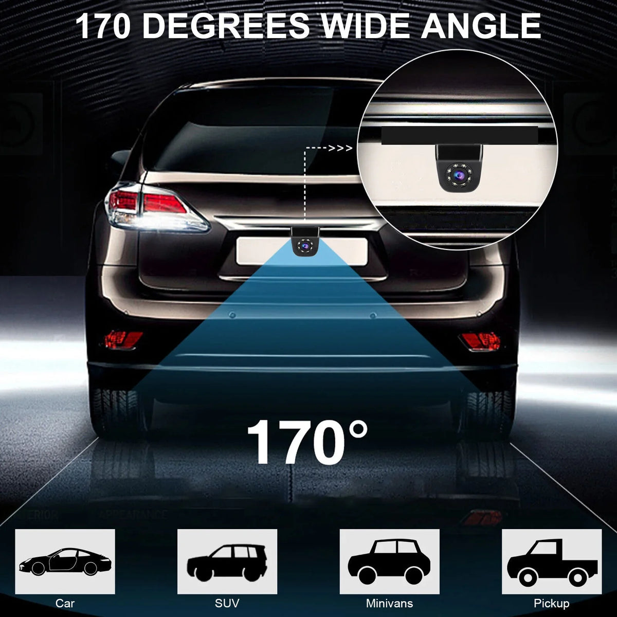 Night Vision Reverse Rear View Parking Waterproof HD 8LED Car Camera Backup 170°