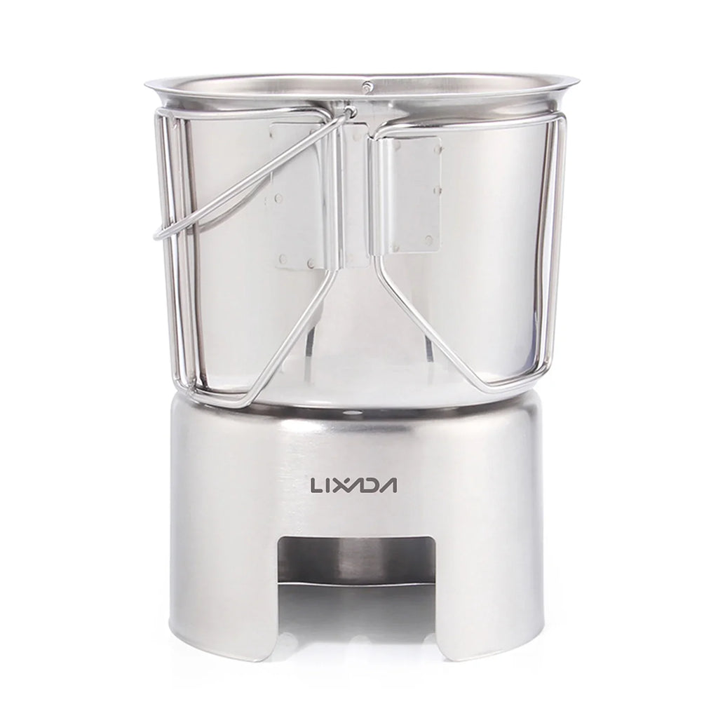 Set Reliable Hiking Picnic Survival Camping Practical Cookware Cooking and Backpacking with for Pot Hanging - Stainless Stove Canteen Equipment Cup Steel Lixada Wood