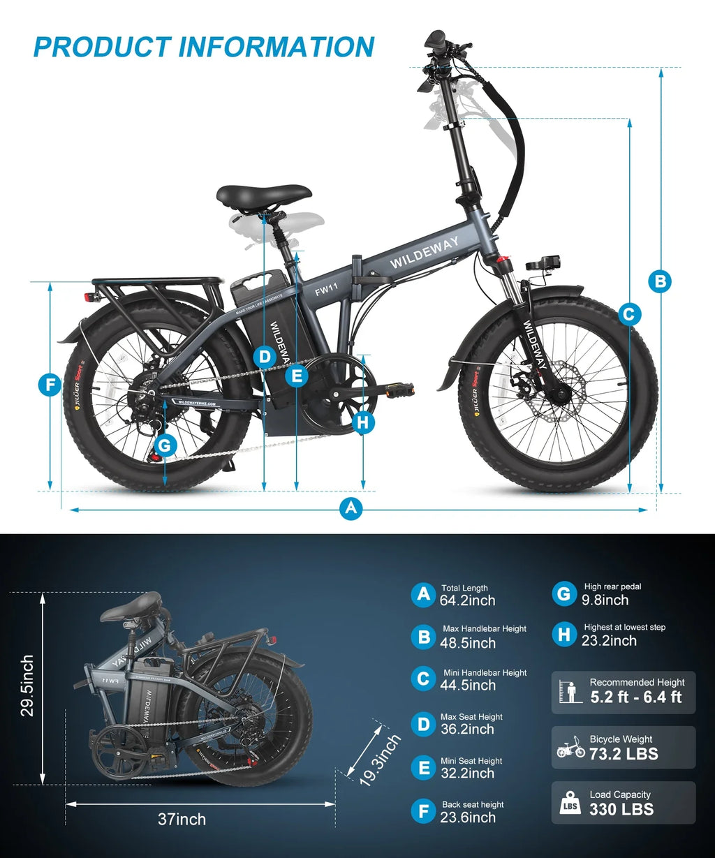 Wildeway Removable , Electric Speeds, Battery 7 Snow Fat 20×3.0 City for Bicycle Motor，48v Adults Ebike Beach ,750w 32ah Mountain Tire Folding