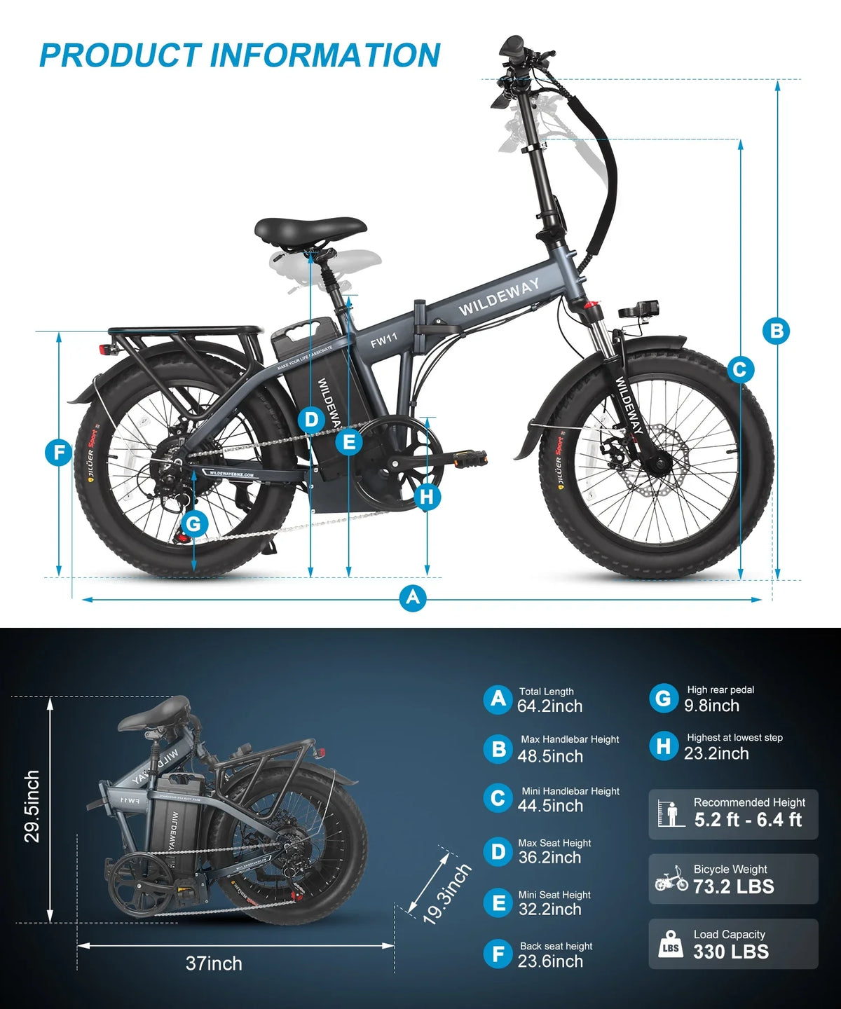 Wildeway Removable , Electric Speeds, Battery 7 Snow Fat 20×3.0 City for Bicycle Motor，48v Adults Ebike Beach ,750w 32ah Mountain Tire Folding