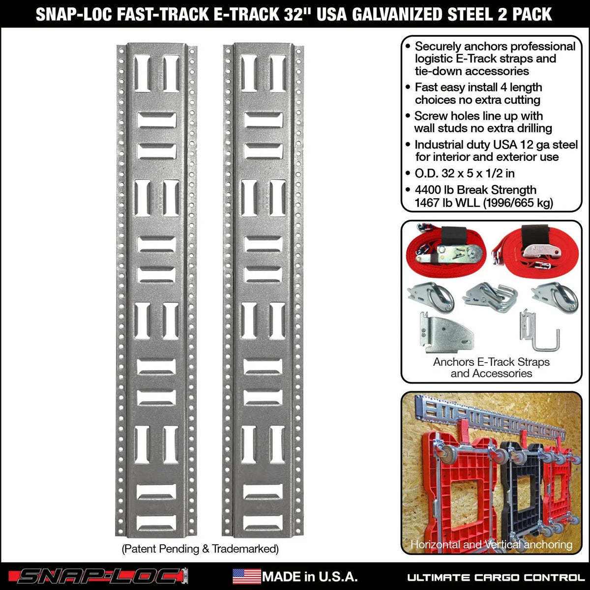 Vertical, 2-Pack SNAP-LOC Trailers Tie-Down E-Track 32 Galvanized Horizontal Trucks, Pickups, Inch USA Logistic Fast-Track for Steel