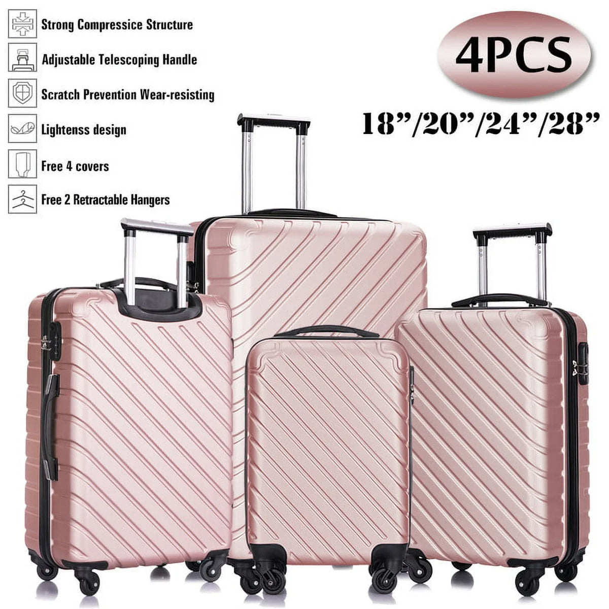 4 Luggage Luggage Piece gold rose Cover&Hanger Spinner Hardshell with On Suitcase,Carry Free Wheels Sets,Travel Inside