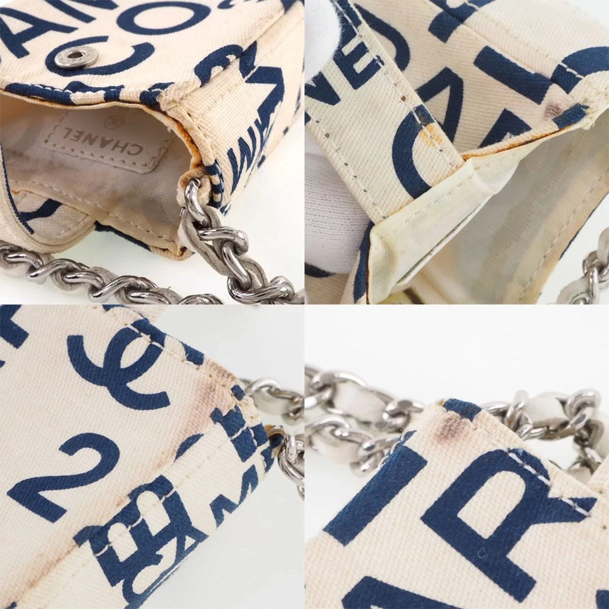(Good) Pre-Owned Women's White/Blue Canvas Pouch Chain