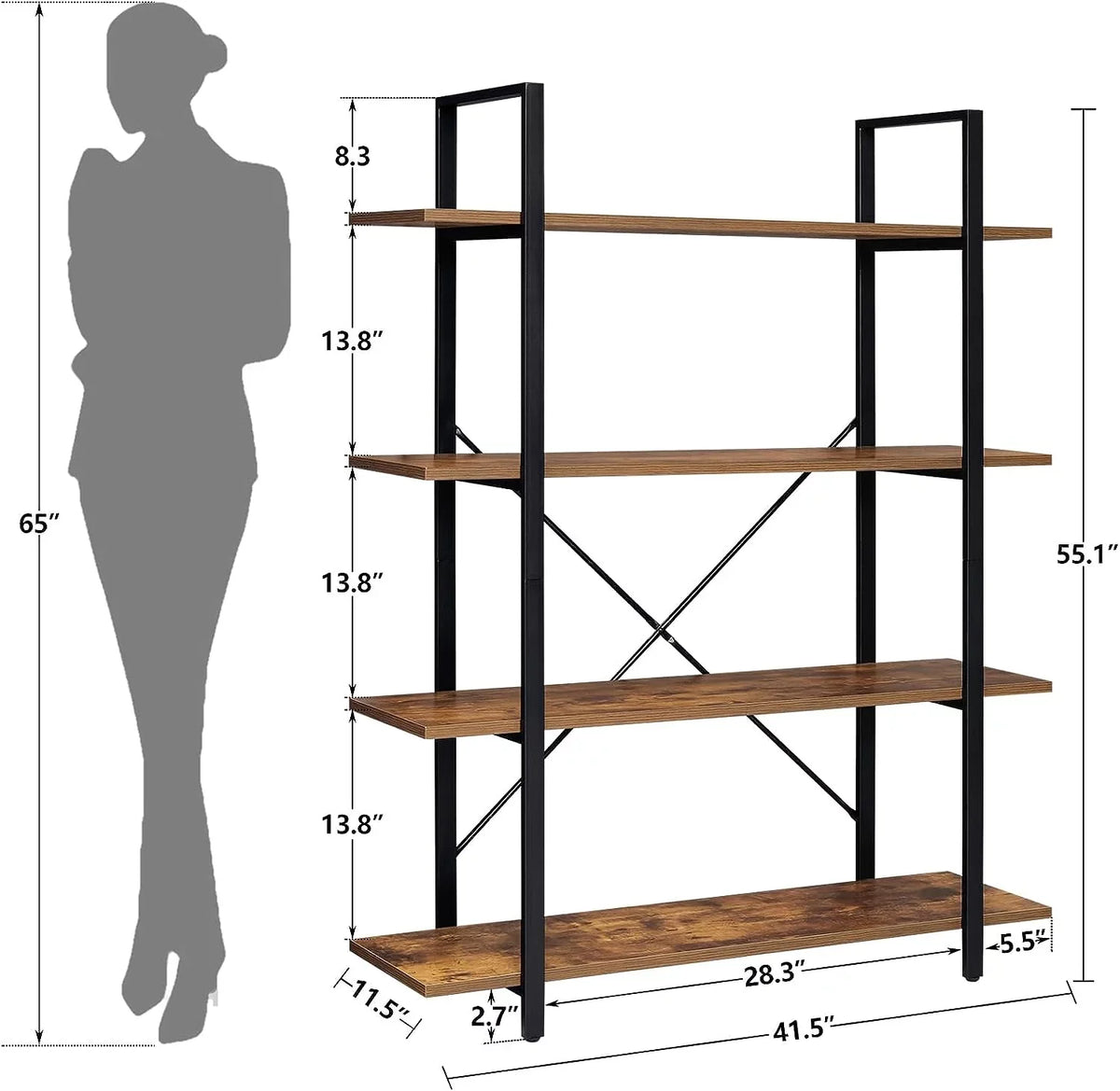 Room, with Shelf, Rustic Bookshelf, Brown DIQIN Shelves Bookcase Display Home Frame, Open Office, 4-Tier for Metal Living Tall Book Bedroom,
