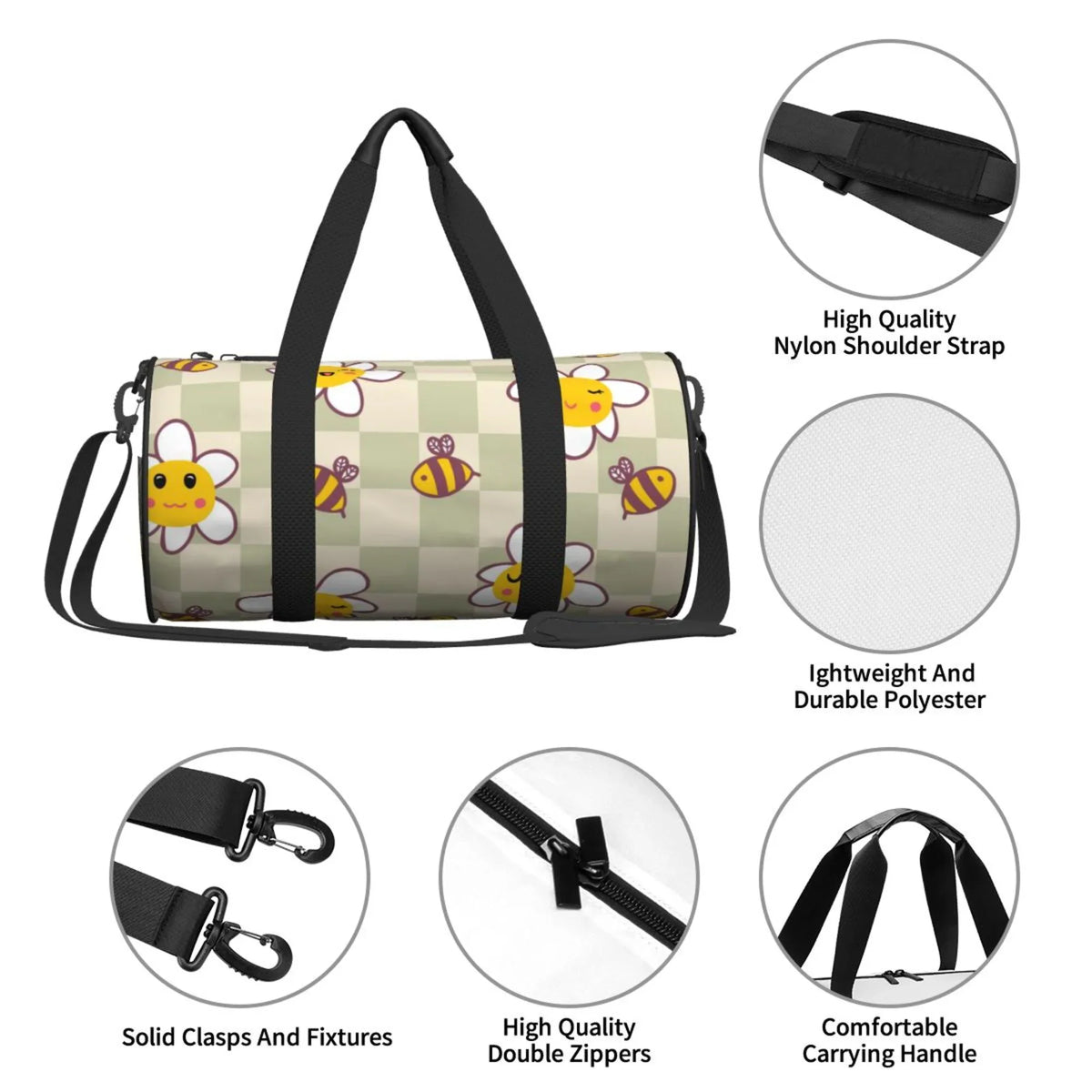 Weekenders Checkerboard Daisies Bees Gym Tote Bag ZICANCN Men Retro Bag, for Travel Bags Sports Women Duffle