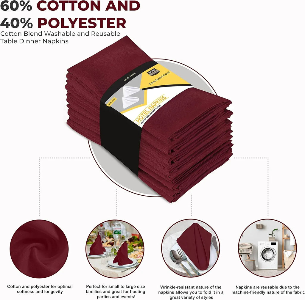 Burgundy Reusable Napkins Table Blend Parties Pack, Kitchen and 18x18 Dinner Cotton Event Washable and Restaurant, Cloth Burgundy Lunch, [12 Hotel, Inch] 18x18 Inch for Utopia Napkins Weddings,