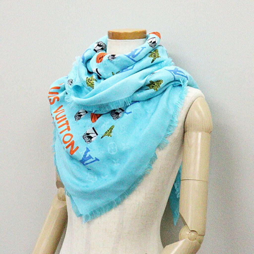 JONAS Pre-Owned blue Wood M76053 silk 40% stole Jonas (Like 60% New) shawl wool WOOD basketball/flower/pot monogram