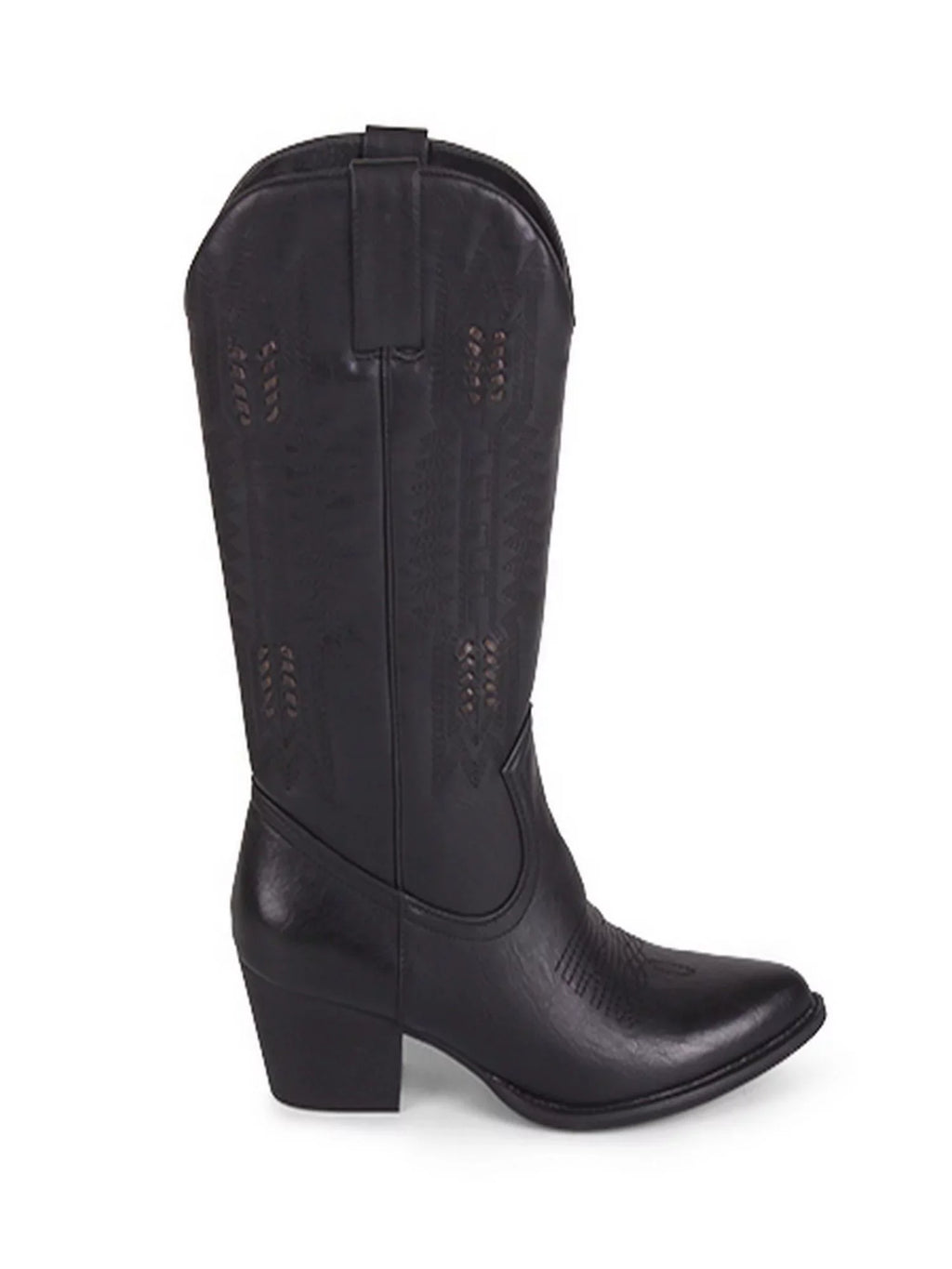 Heel 8.5 Whip-Stitch Padded Texan Black Detailing Boot Block Western Pointed Womens Toe WANTED Tabs Woven Pull