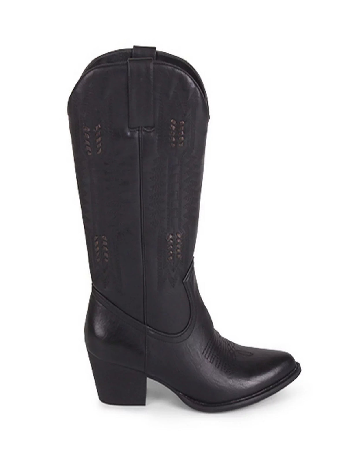 Heel 8.5 Whip-Stitch Padded Texan Black Detailing Boot Block Western Pointed Womens Toe WANTED Tabs Woven Pull