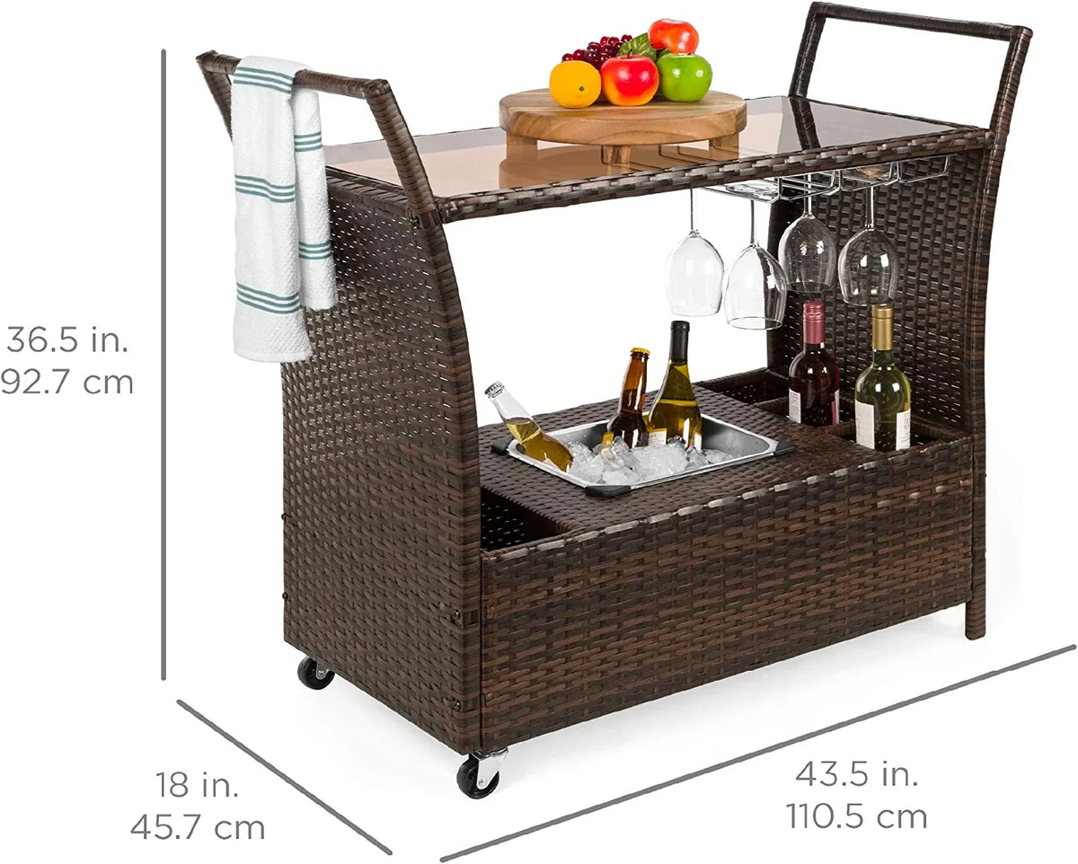 w/Removable Wicker Wine exterior Glass Compartments Glass Holders, Cart Bucket, Countertop, Ice Storage - Rolling Brown Bar