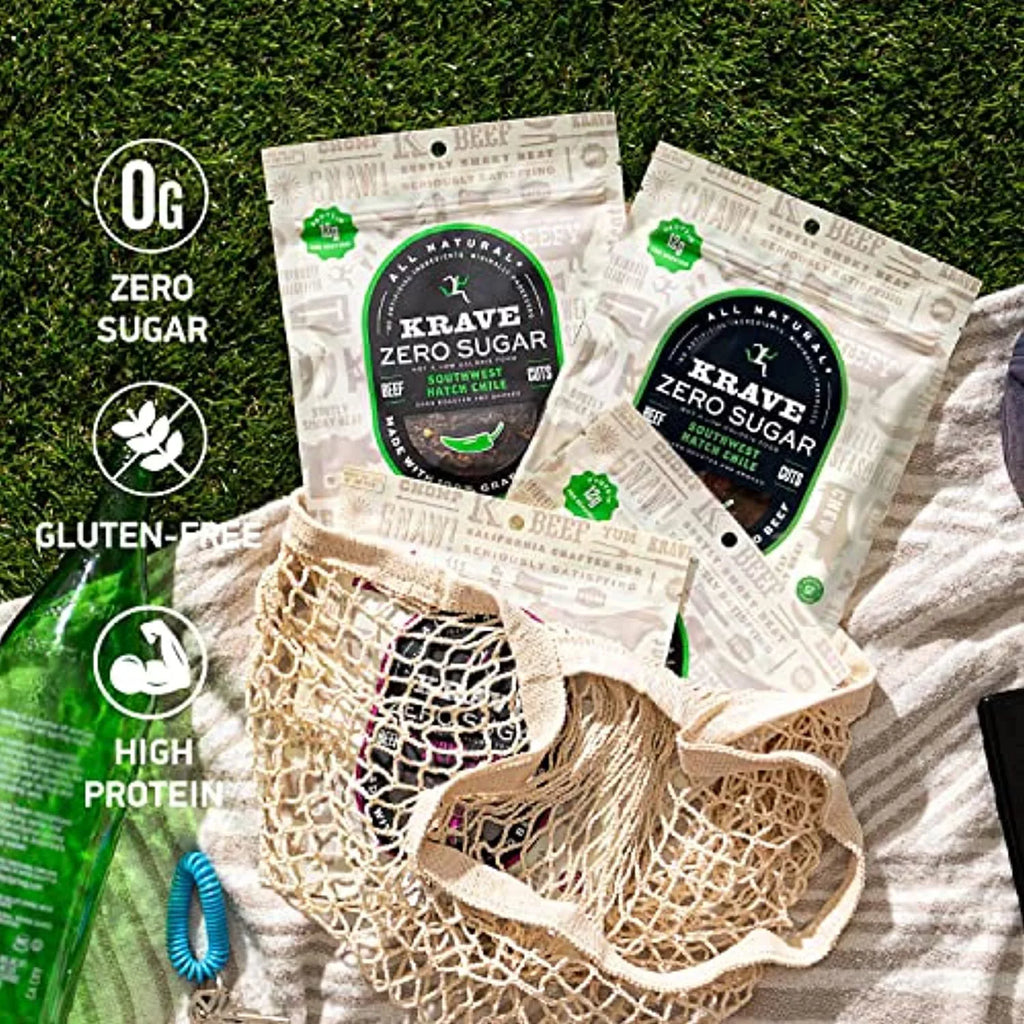 Jerky, Krave Beef (4 Sugar, 100% - Beef, Southwest No Ingredients, No Chile Protein, Grass-Fed Zero Artificial Nitrates Hatch Bags Oz 12G Gluten-Free, 2.1 Pack)