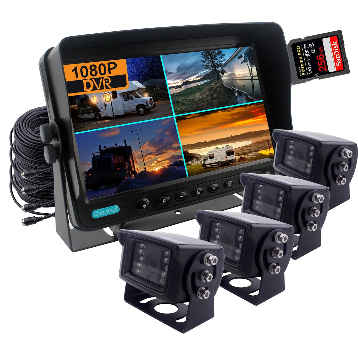 Backup 1080P 1080P Recorder, Input, Trailers, Channel DVR Trucks, Quad System, 256GB View Support Caravans, Screen, CAMSLEAD Monitor 4 SD inch Split RV Card, Camera Rear 9 motorhomes, for Camera