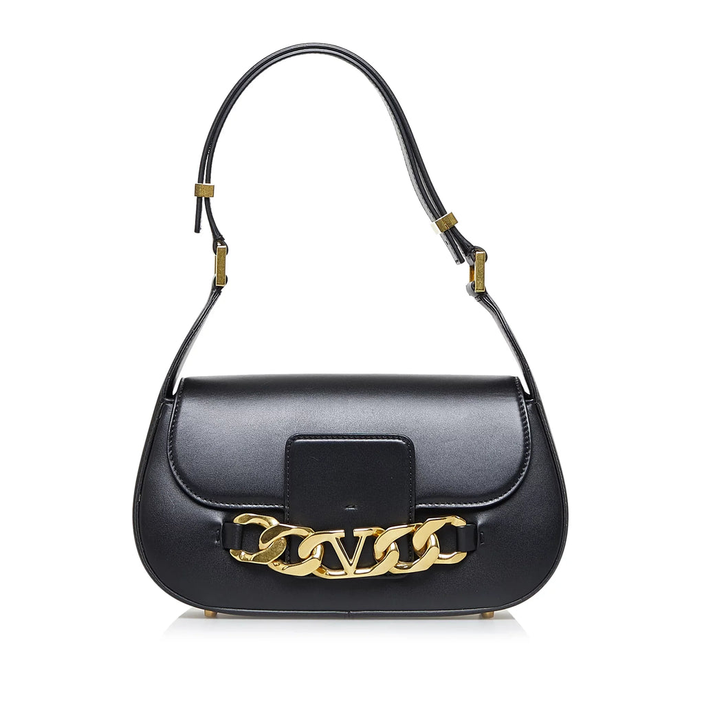 Leather Authenticated Bag Valentino (Good) Vlogo Chain Pre-Owned Black Unisex Shoulder Calf