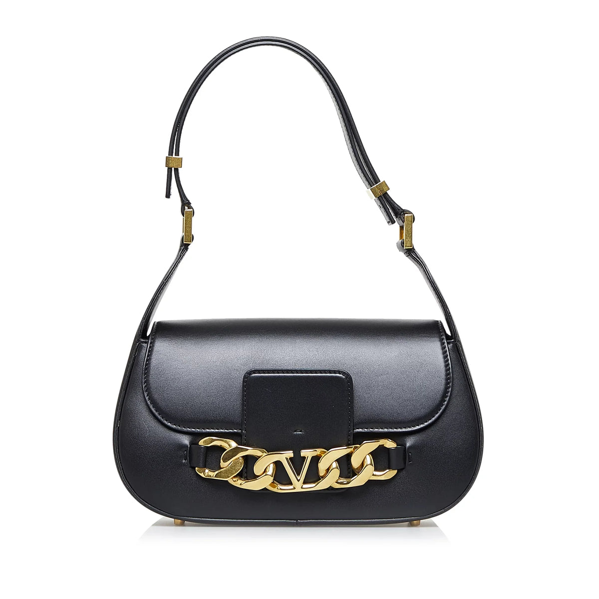 Leather Authenticated Bag Valentino (Good) Vlogo Chain Pre-Owned Black Unisex Shoulder Calf