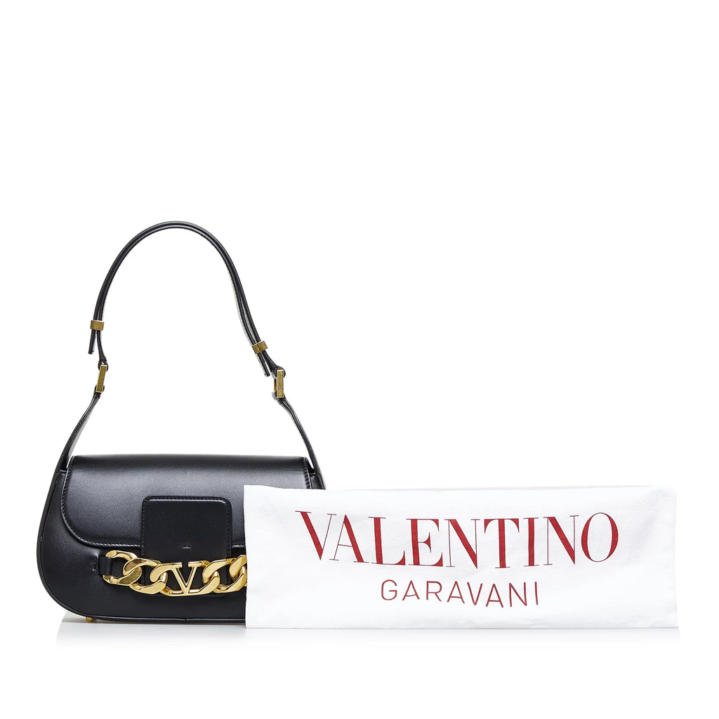 Leather Authenticated Bag Valentino (Good) Vlogo Chain Pre-Owned Black Unisex Shoulder Calf
