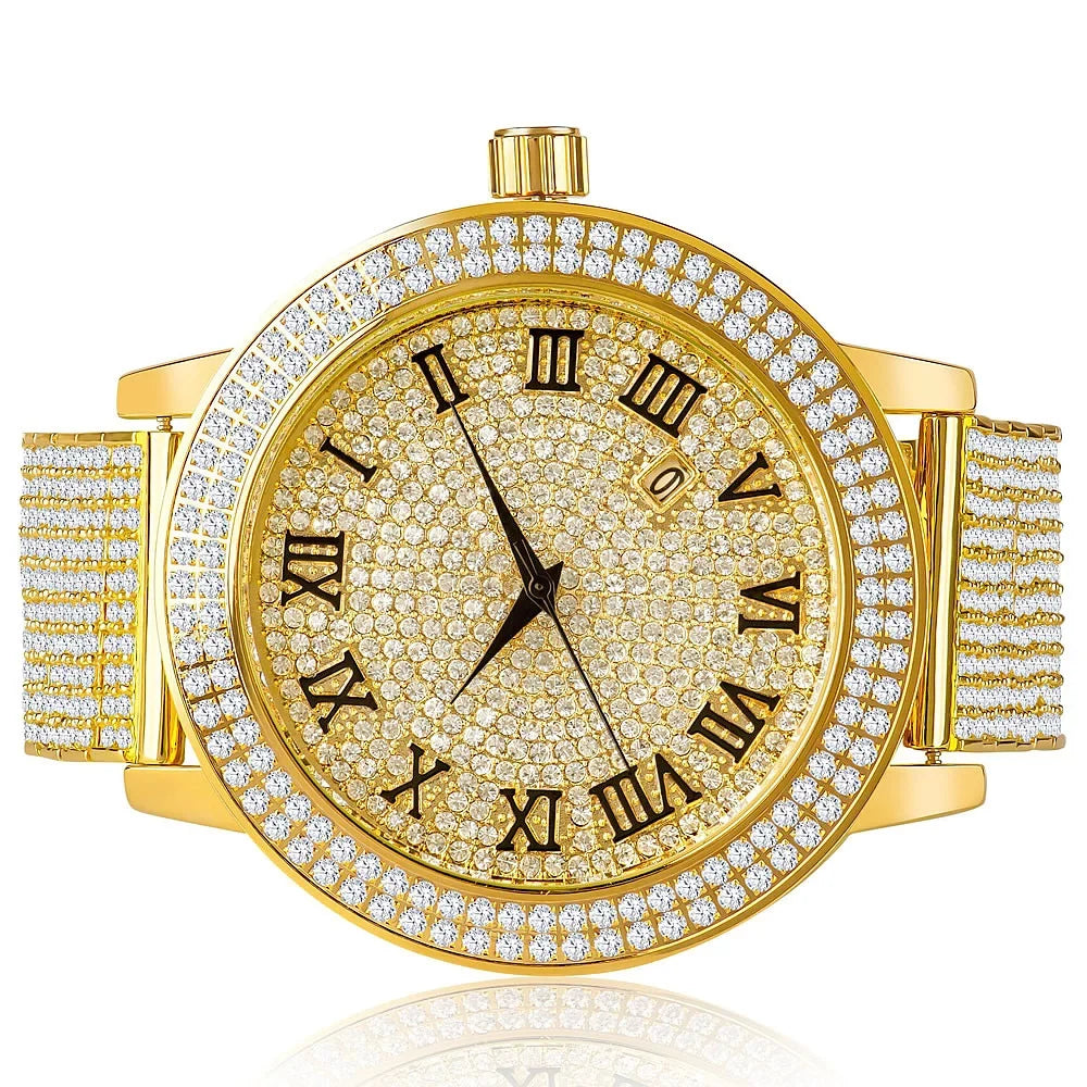 Watch Function Simulated W/Date Rodeo Gold Custom Joe Khronos Diamonds Face Roman Yellow Jojino Tone Jojo