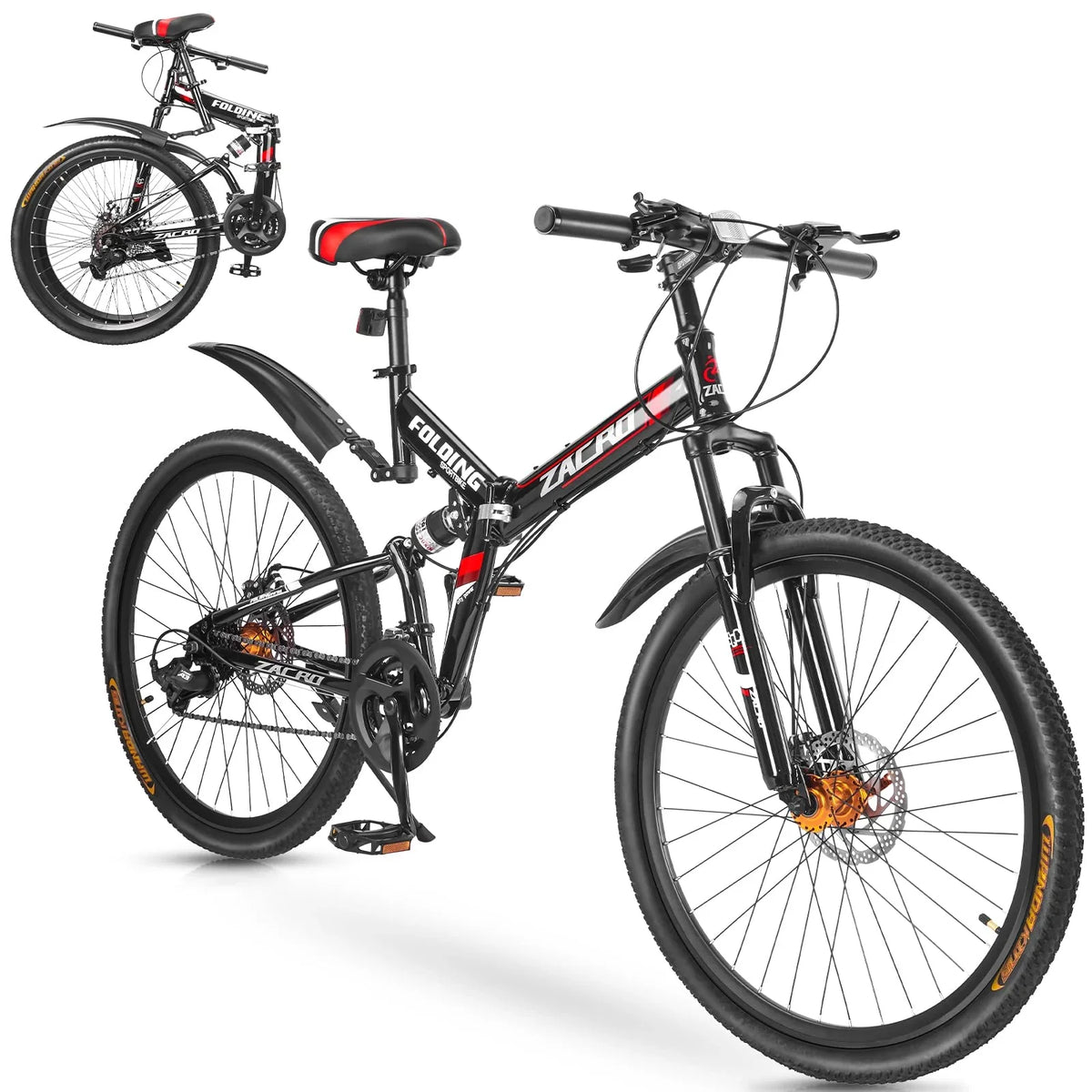 Bikes, Mountain Dual Road Speed/Carbon Bike, Steel Shock Brake 26 Red Fiber Zacro City Upgraded High-Carbon MTB 24 Bicycle, & Wheels Disc Absorbers Folding Inch