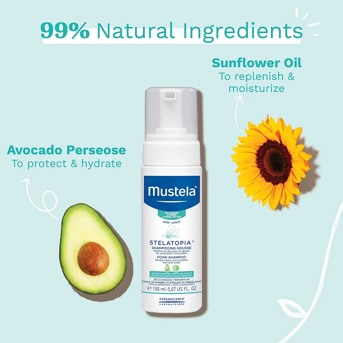 '- Foam Eczema-Prone Natural Fragrance-Free & Baby fl. & Avocado oz. Newborn - Mustela Skin Tear for Sunflower 5.07 - Oil Shampoo Free with & with Stelatopia