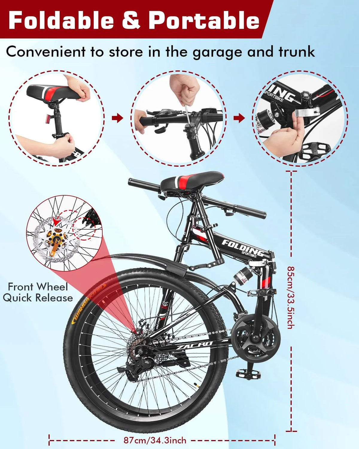 Bikes, Mountain Dual Road Speed/Carbon Bike, Steel Shock Brake 26 Red Fiber Zacro City Upgraded High-Carbon MTB 24 Bicycle, & Wheels Disc Absorbers Folding Inch
