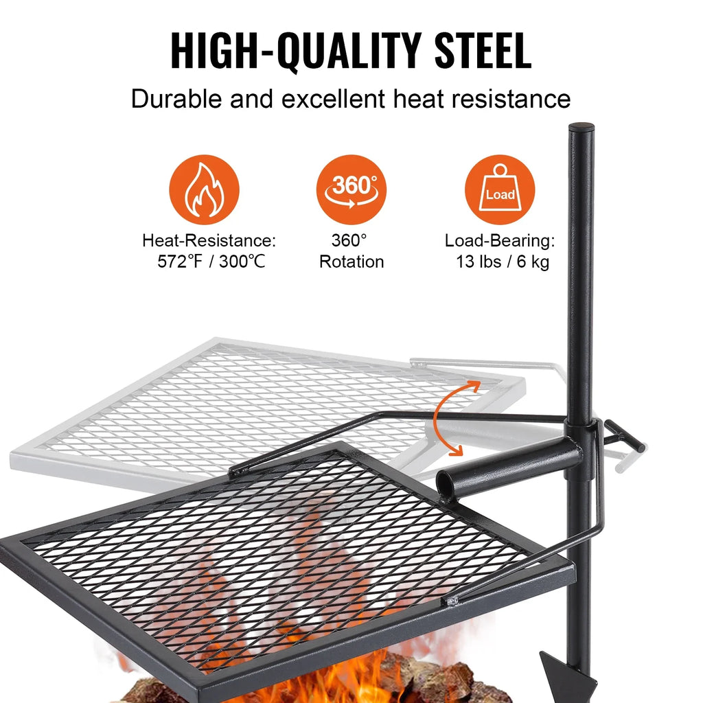 Heavy Steel Fire Cooking Duty x Open Adjustable Campfire 16" 16" Grate BENTISM Swivel Grill