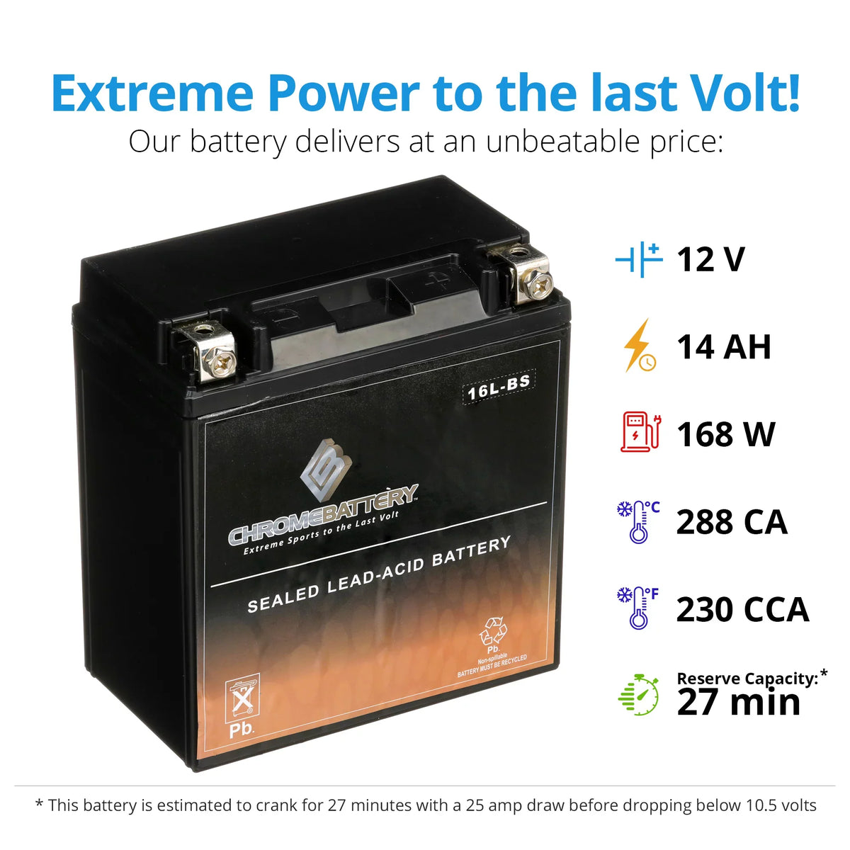 650cc Ah, for Battery Volt,14 12 Kawasaki 230 X2 Jet Battery YTX16L-BS 86-'95 Ski Jf650 CCA) Chrome (16L-BS