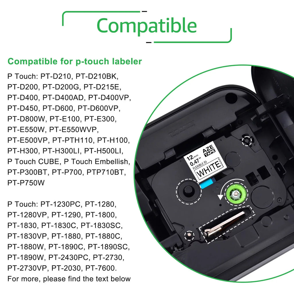 TZ-FX231 GREENCYCLE White on for TZ-231 ID TZe-FX231 Wire TZe TZ x 8m Compatible 20PK Brother P-touch Black Tape TZe-231 Flexible Label Cable 12mm