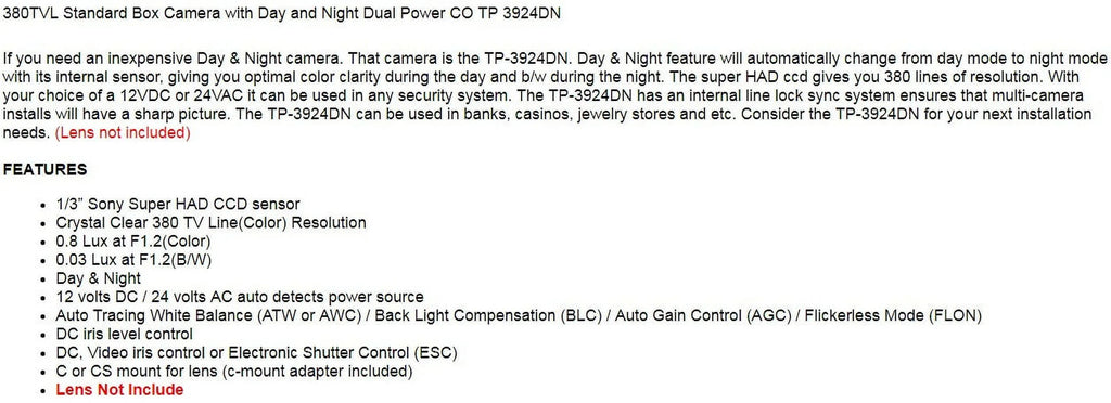 Night Not 380TVL (Lens TP Security Power Included) Standard Camera CCTV with and 3924DN Box Dual Day CO