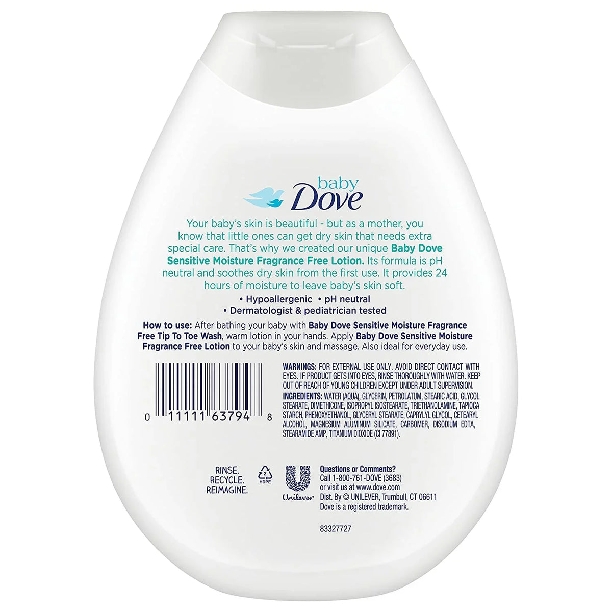 Fragrance count Sensitive Moisture 3 Dove Free Lotion, Baby oz, 13